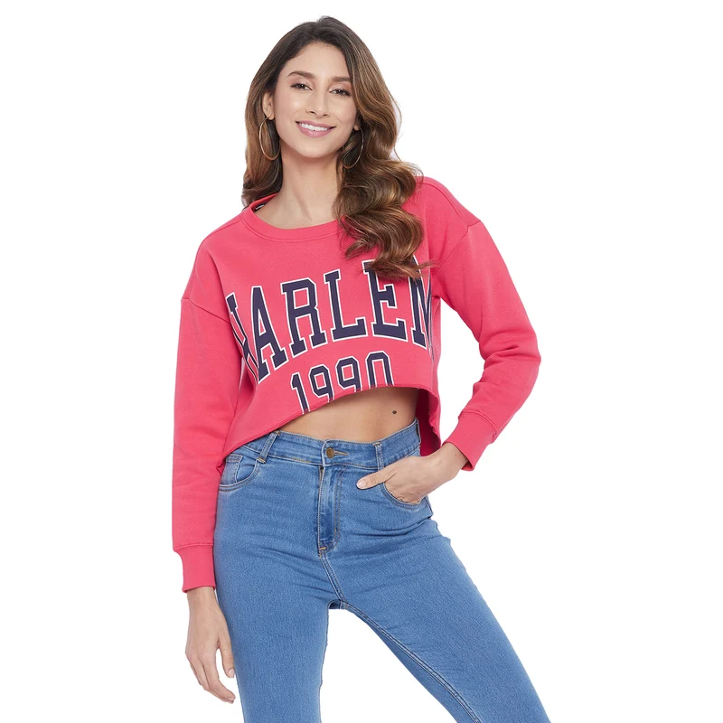 Duke Urban Women Round Neck Crop Sweatshirt (LFX763) XXL / Hot Pink / Printed