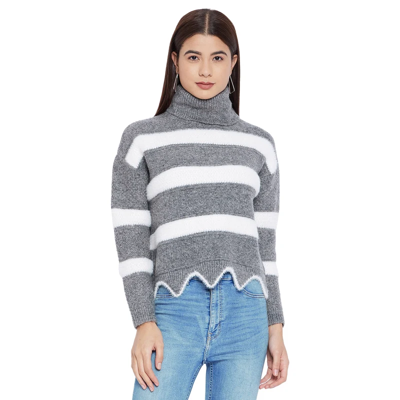 Duke Urban Women Full Sleeve Sweater (SDS980) M. Grey Melange / M / Striped