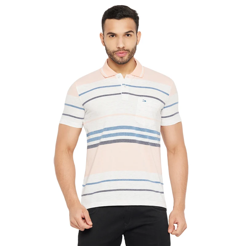 Duke Stardust Men Half Sleeve Polo Neck Cotton T-shirt (4152) Peach / XXL / Striped