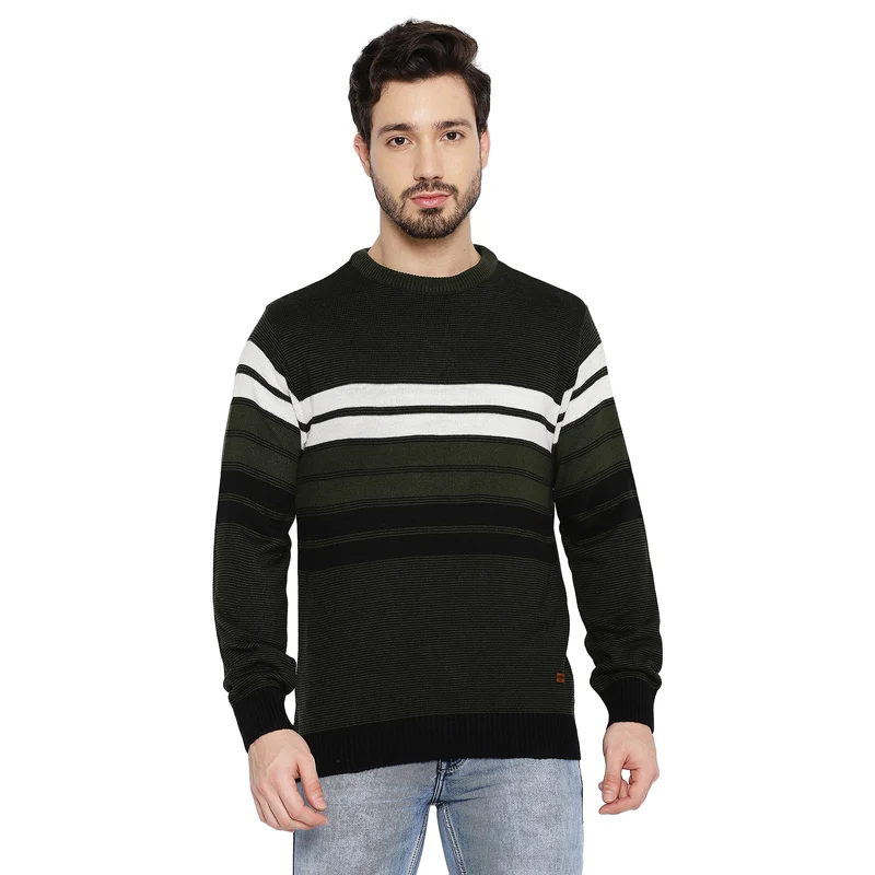 Duke Urban Men Full Sleeve Round Neck Sweater (SDS2007) Olive / XXL / Striped