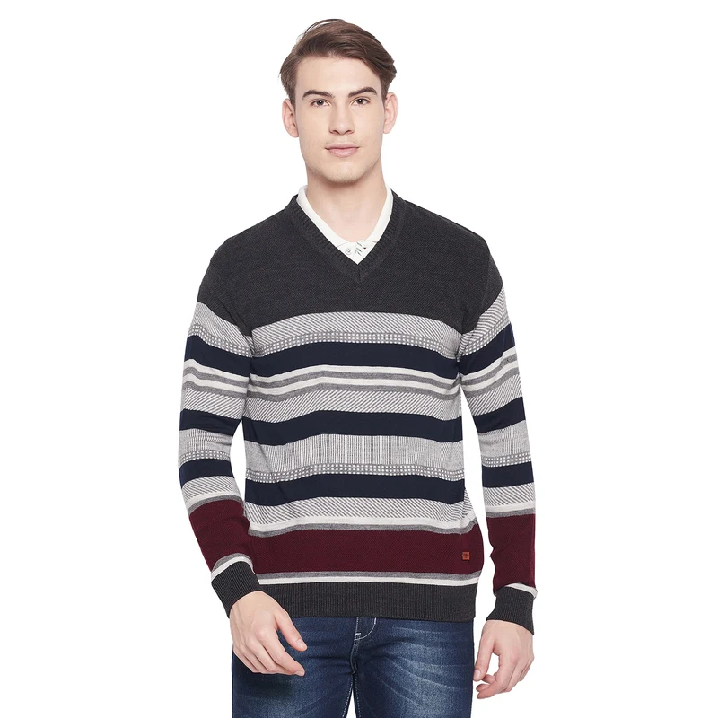 Duke Urban Men Full Sleeve V Neck Sweater (SDS2044) Anthra / S / Striped