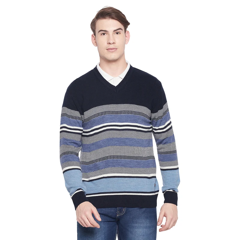 Duke Urban Men Full Sleeve V Neck Sweater (SDS2044) Navy / S / Striped