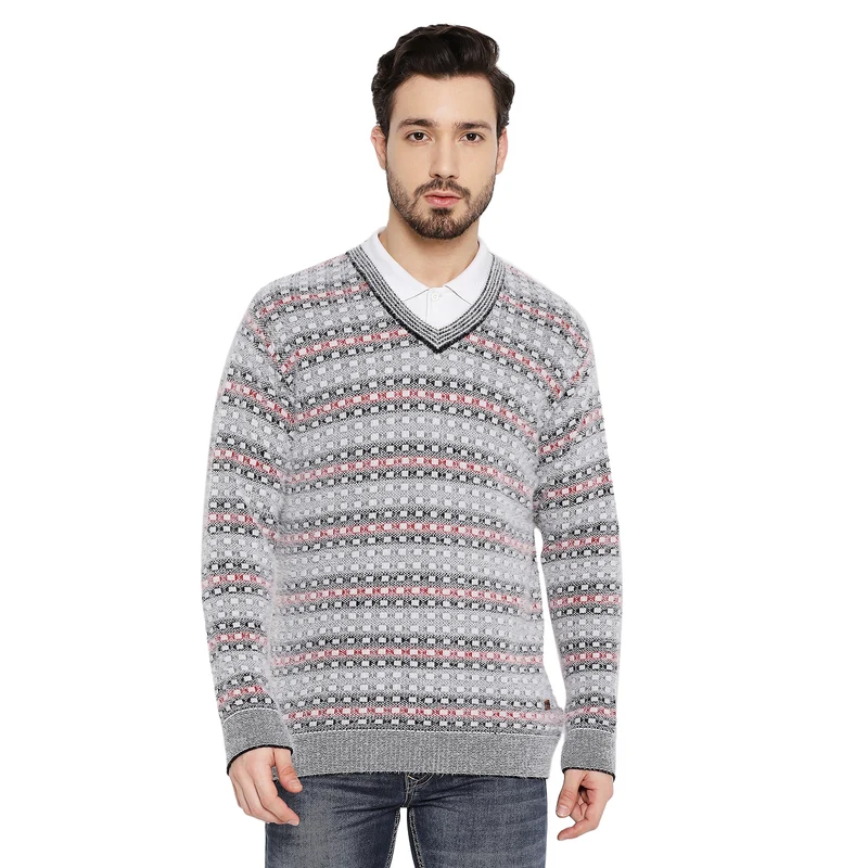 Duke Urban Men Full Sleeve V Neck Sweater (SDS2064) Grey / S / Self Design