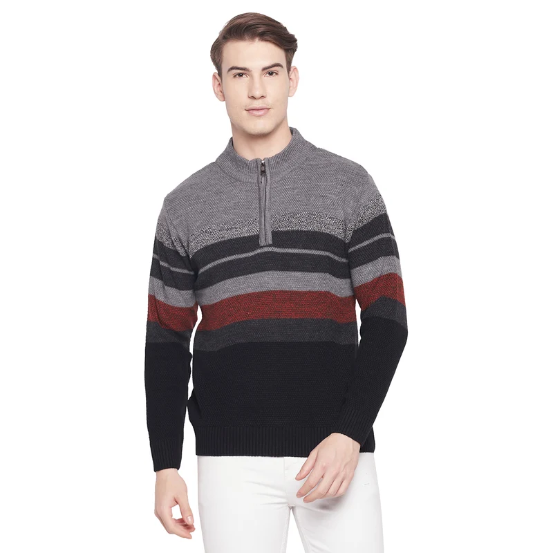 Duke Urban Men Full Sleeve Half Zip Sweater (SDS2076) Black / M / Striped