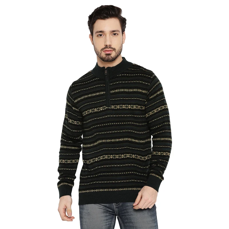 Duke Stardust Men Full Sleeve Half Zip Sweater (SDS2078) D.Olive / XXL / Self Design