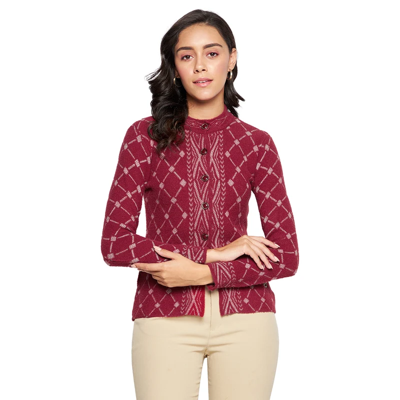 Duke Urban Women Full sleeve Round Neck Cardigan (SDS1057) Wine / L / Argyle