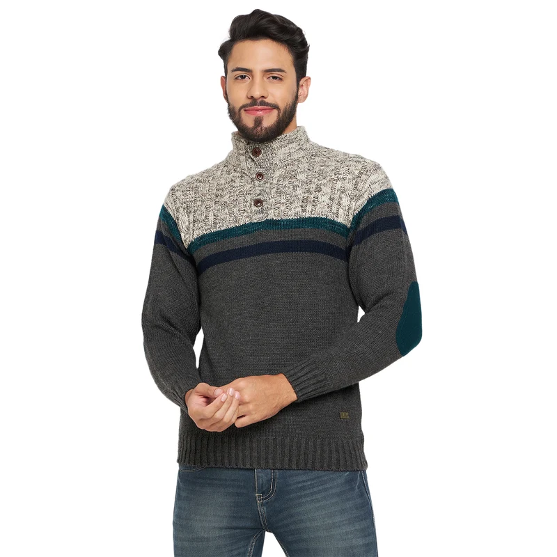 Duke Urban Men Full Sleeve Button Placket Sweater (SDS2002) D.Grey / XXL / Woven