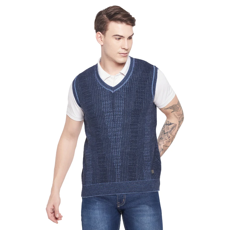 Duke Urban Men Sleeveless V Neck Sweater (SDS2031) Navy Mix / S / Self Design
