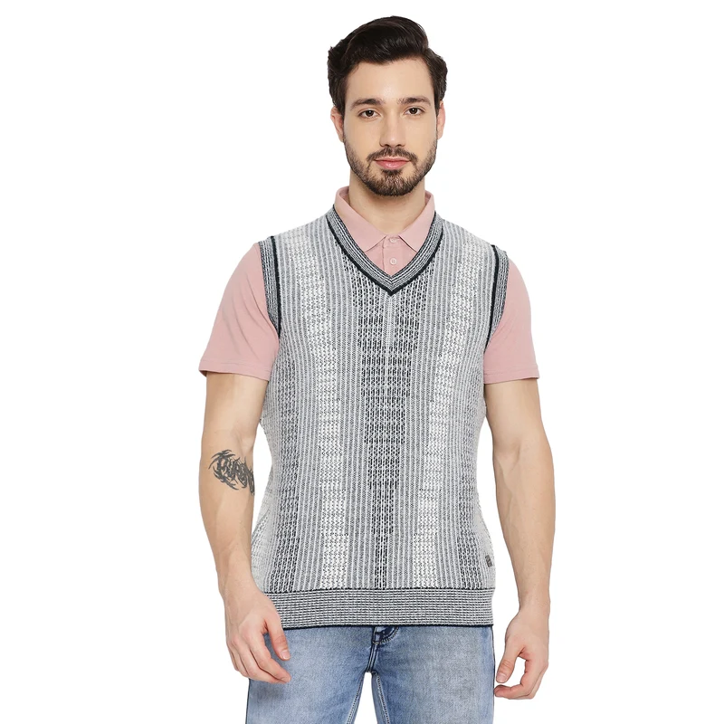 Duke Urban Men Sleeveless V Neck Sweater (SDS2031) Off White / XXL / Self Design