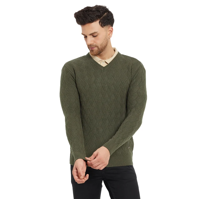 Duke Urban Men Full Sleeve V-Neck Sweater (SDS2047) Olive Mix / XXL / Self Design