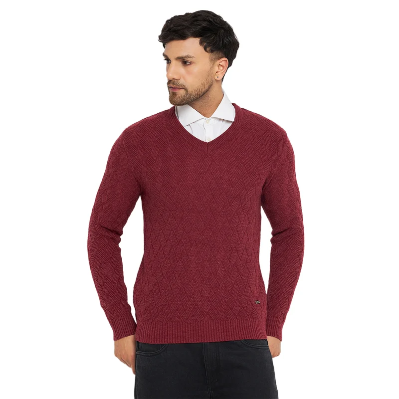 Duke Urban Men Full Sleeve V-Neck Sweater (SDS2047) Wine Mix / S / Self Design