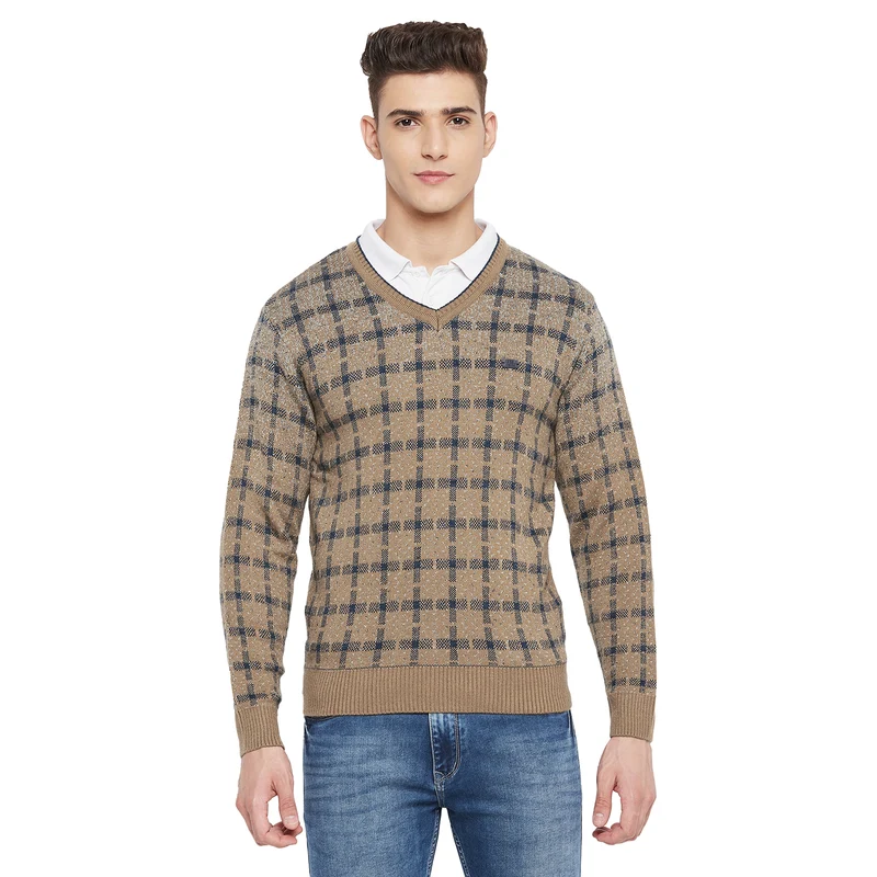 Duke Urban Men Full Sleeve V Neck Sweater (SDS2049) Khaki / L / Checkered