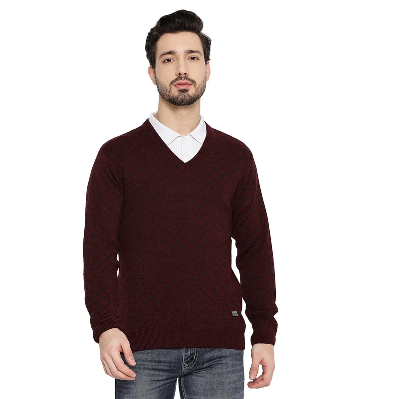 Duke Urban Men Full Sleeve V Neck Sweater (SDS2055) Wine Mix / M / Self Design