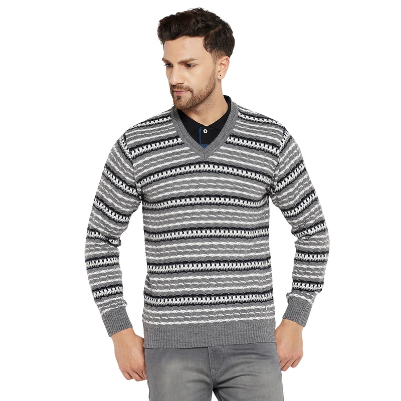 Duke Urban Men Full Sleeve V Neck Sweater (SDS2056) M.Grey Melange / XL / Striped