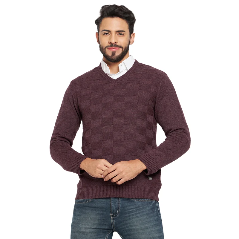 Duke Urban Men Full Sleeve V Neck Sweater (SDS651R) Wine Mix / L / Self Design