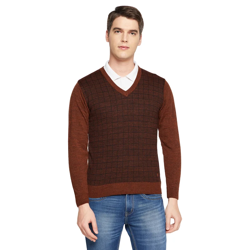 Duke Urban Men Full Sleeve V Neck Sweater (SDS8095) Rust / S / Checkered