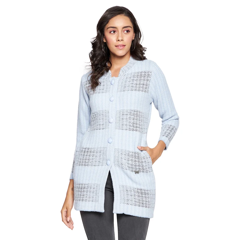 Duke Urban Women Full sleeve Collared Neck Cardigan (SDS1115) Powder Blue / L / Striped