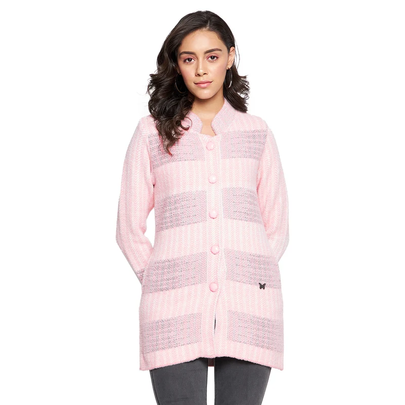 Duke Urban Women Full sleeve Collared Neck Cardigan (SDS1115) Powder Pink / XL / Striped