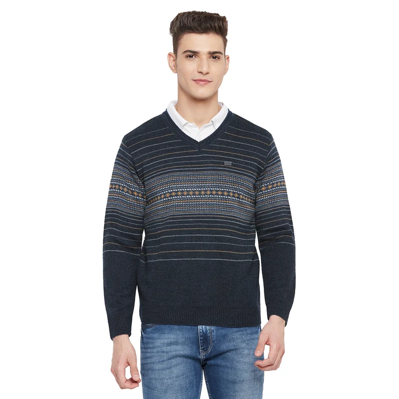Duke Urban Men Full Sleeve V Neck Sweater (SDS2050) D.Navy / XL / Striped