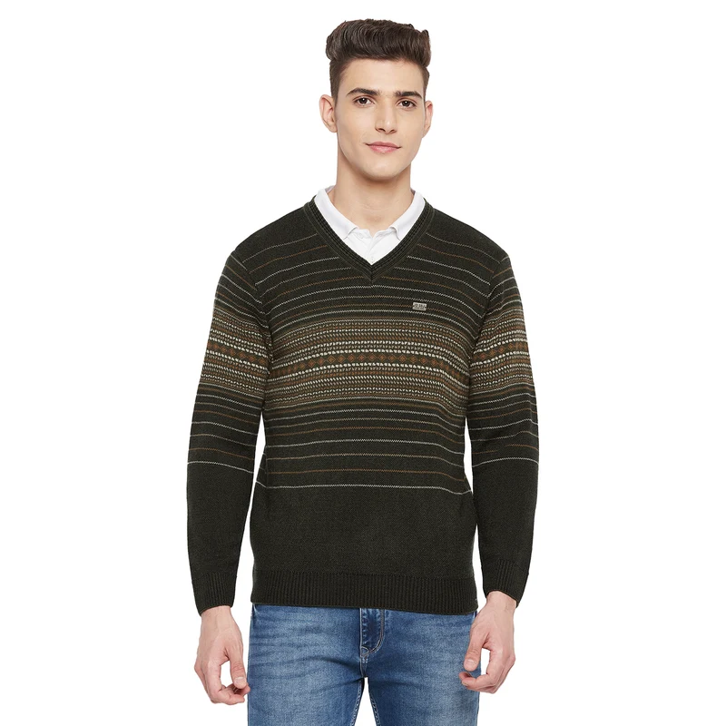 Duke Urban Men Full Sleeve V Neck Sweater (SDS2050) D.Olive / XXL / Striped