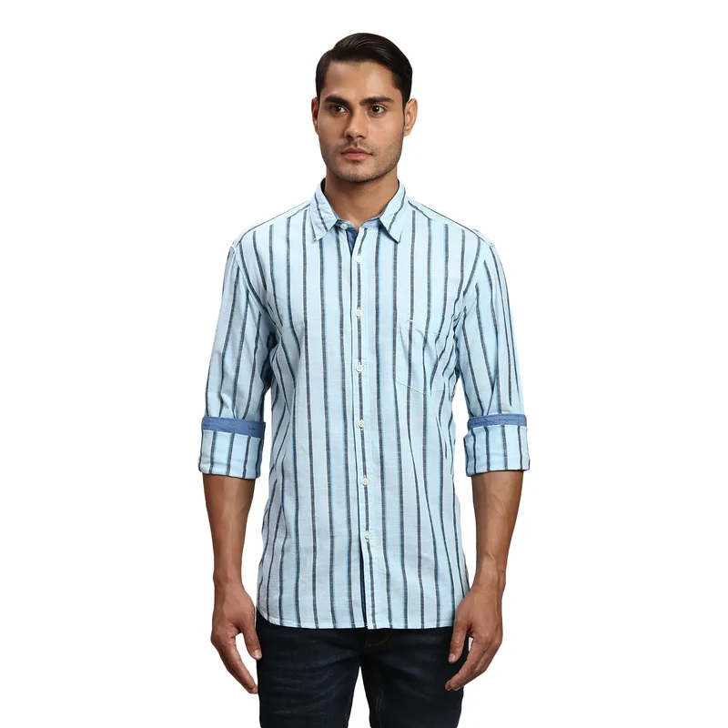 Parx Men Blue Slim Fit Striped Casual Shirt 38 / Blue