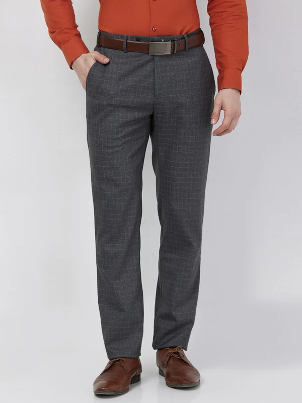 Raymond Men Grey Slim Fit Checks Trouser 36 / Grey