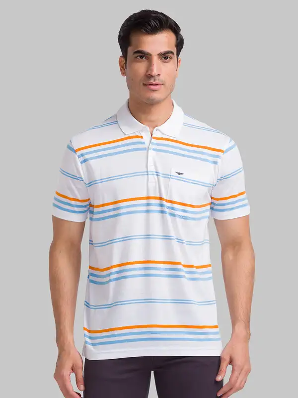 Park Avenue Men White Slim Fit Striped Polo Neck Collar T-Shirt 44 / White