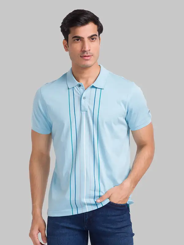 Park Avenue Men Blue Slim Fit Striped Polo Neck Collar T-Shirt 39 / Blue