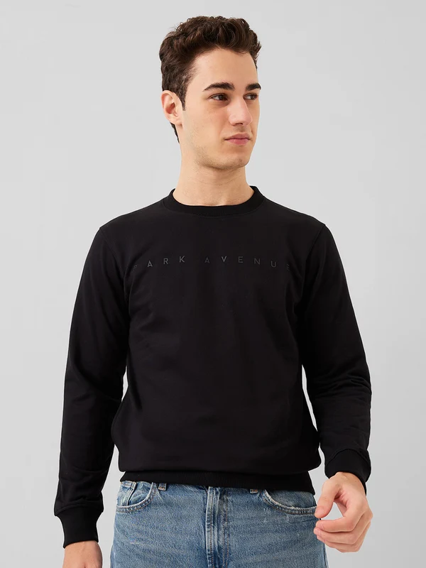 Park Avenue Men Black Slim Fit Solid Round Neck Collar Sweatshirt 39 / Black