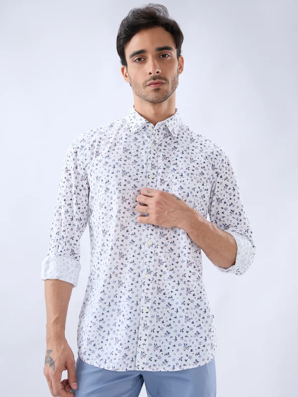 Parx Men White Slim Fit Printed Casual Shirt 42 / White