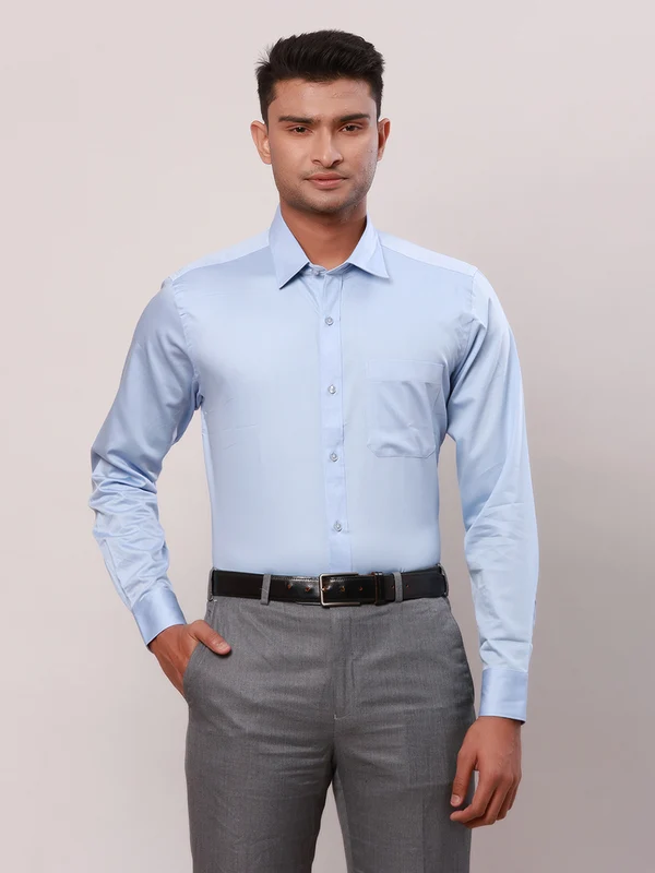 Raymond Men Blue Contemporary Fit Solid Formal Shirt 44 / Blue