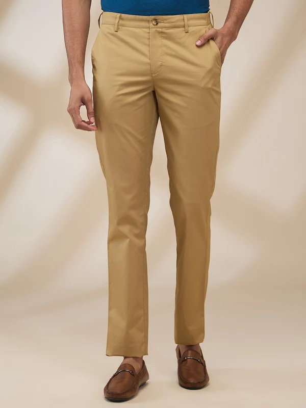 ColorPlus Men Khaki Comfort Fit Solid Piece Dyed Trouser 36 / Khaki