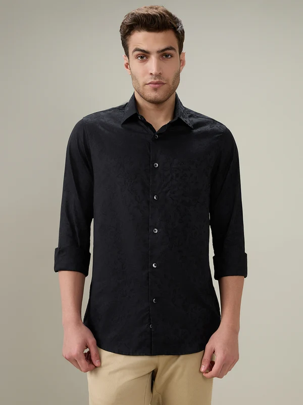 Colorplus Men Black Slim Fit Jacquard Casual Shirt M / Black
