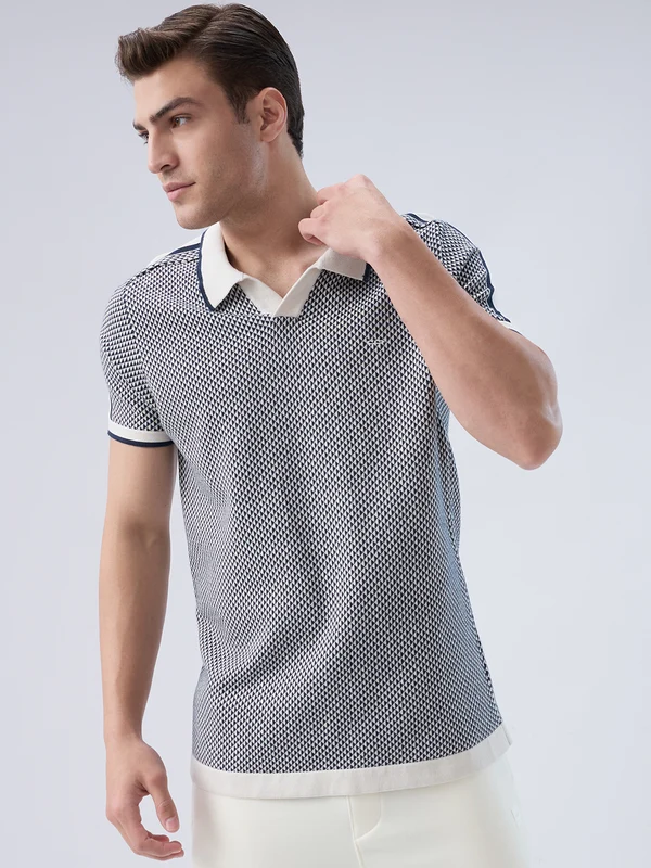 Colorplus Men Blue Regular Fit Structure Polo Neck Collar T-shirt L / Blue
