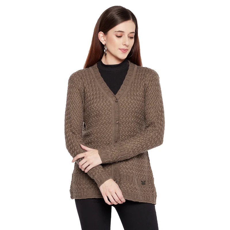 Duke Urban Women Full Sleeve Cardigan (SDS1068) Khaki / L / Self Design