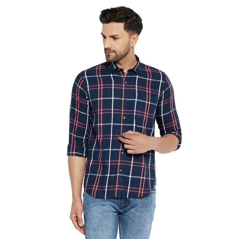Duke Stardust Men Slim Fit Checkered Spread Collar Casual Shirt (SD7CKTPQ) Navy / XL / Checkered
