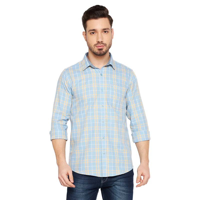 Duke Urban Men Slim Fit Checkered Spread Collar Casual Shirt (SD7CKTQ) Sky / XL / Checkered