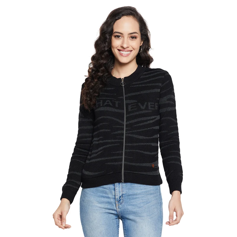 Duke Urban Women Full sleeve Round Neck Zipper Cardigan (SDS1004) Black / L / Self Design