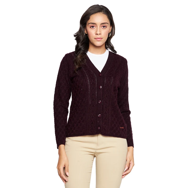 Duke Urban Women Full sleeve V Neck Cardigan (SDS1049) Wine Mix / S / Self Design