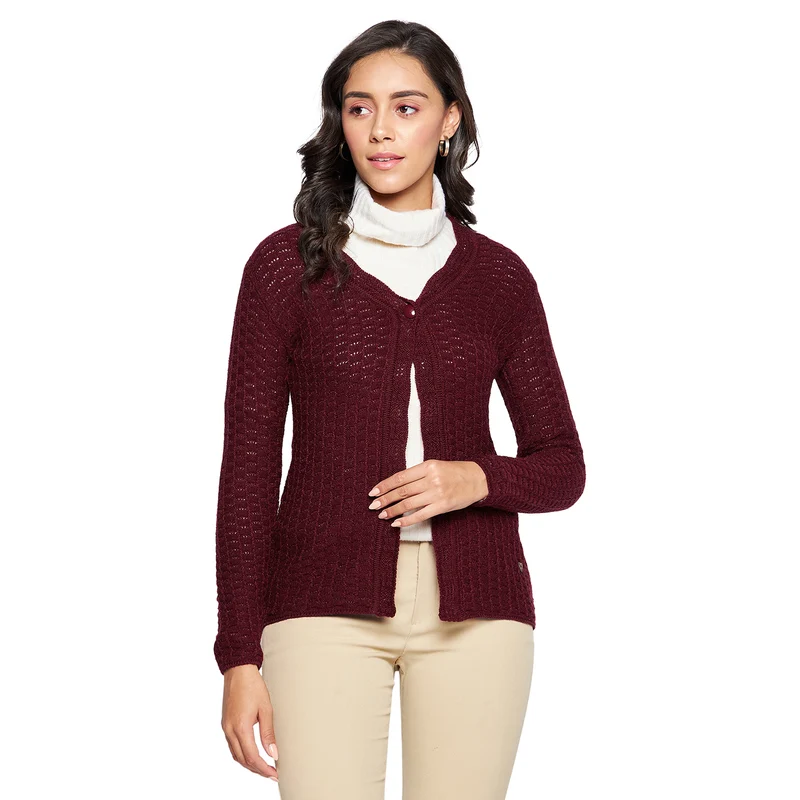 Duke Urban Women Full sleeve V Neck Cardigan (SDS1065) Wine / XL / Self Design