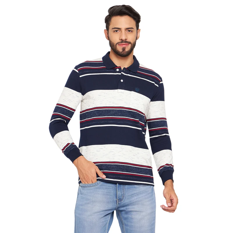 Duke Stardust Men Polo Neck Full Sleeve Cotton T-shirt (LF3959) Navy / XL / Striped