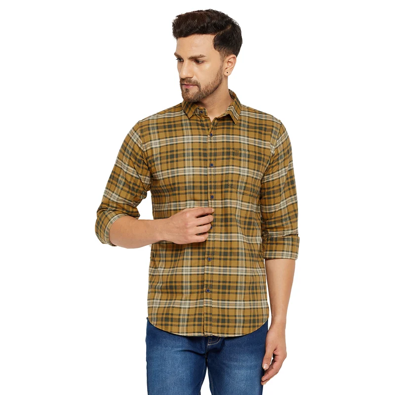 Duke Urban Men Slim Fit Solid Spread Collar Casual Shirt (SDO5CKOF) Mustard / XL / Checkered