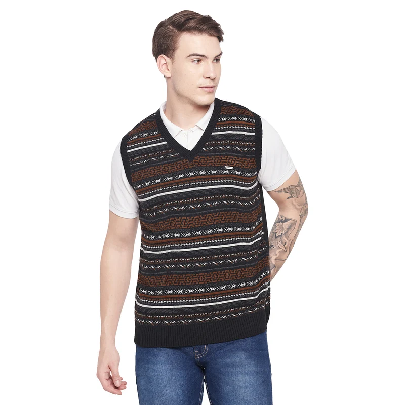 Duke Urban Men Sleeveless V Neck Sweater (SDS2029) Black / L / Self Design