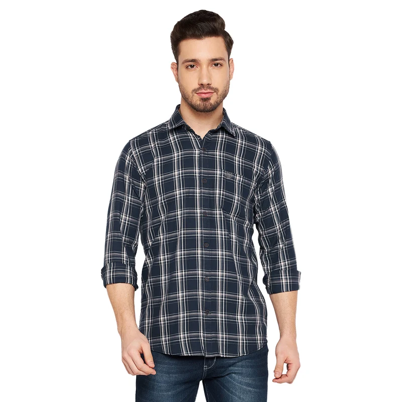 Duke Stardust Men Slim Fit Checkered Spread Collar Casual Shirt (SDO6CKJ) D.Navy / XL / Checkered