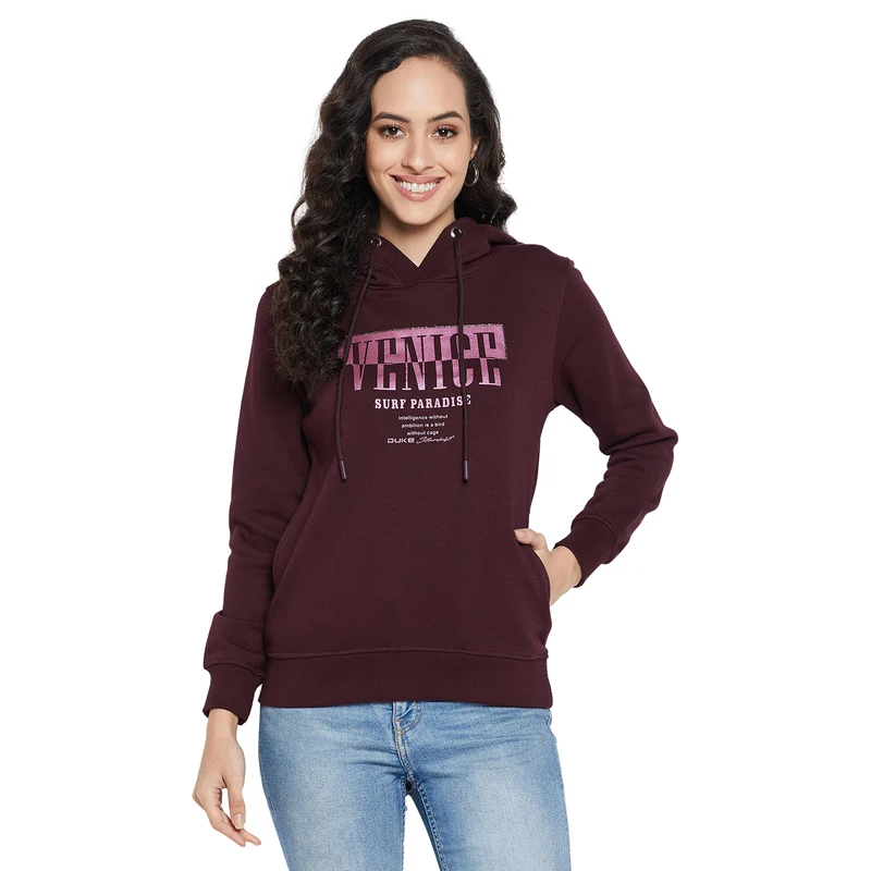 Duke Urban Women Full Sleeve Hooded Sweatshirt (LFX815) Wine / S / Printed