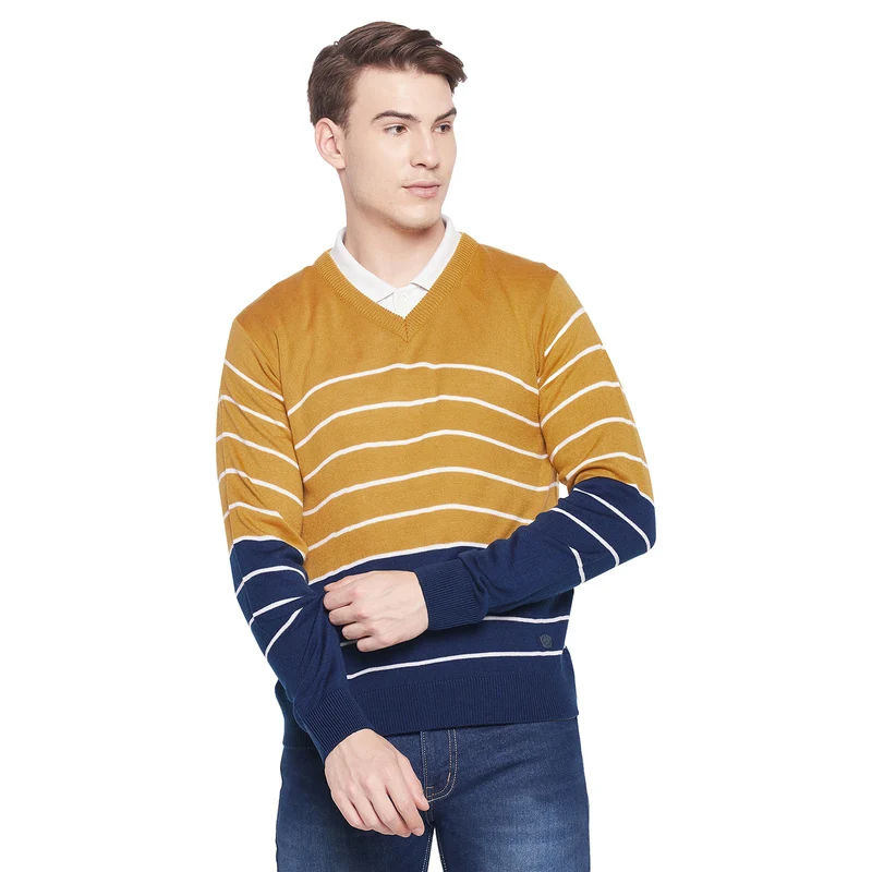 Duke Urban Men Full Sleeve V Neck Sweater (SDS8098) Mustard / XXL / Striped