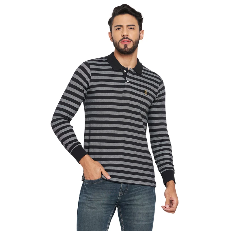 Duke Stardust Men Polo Neck Full Sleeve Cotton T-shirt (LF3962) Black / XL / Striped