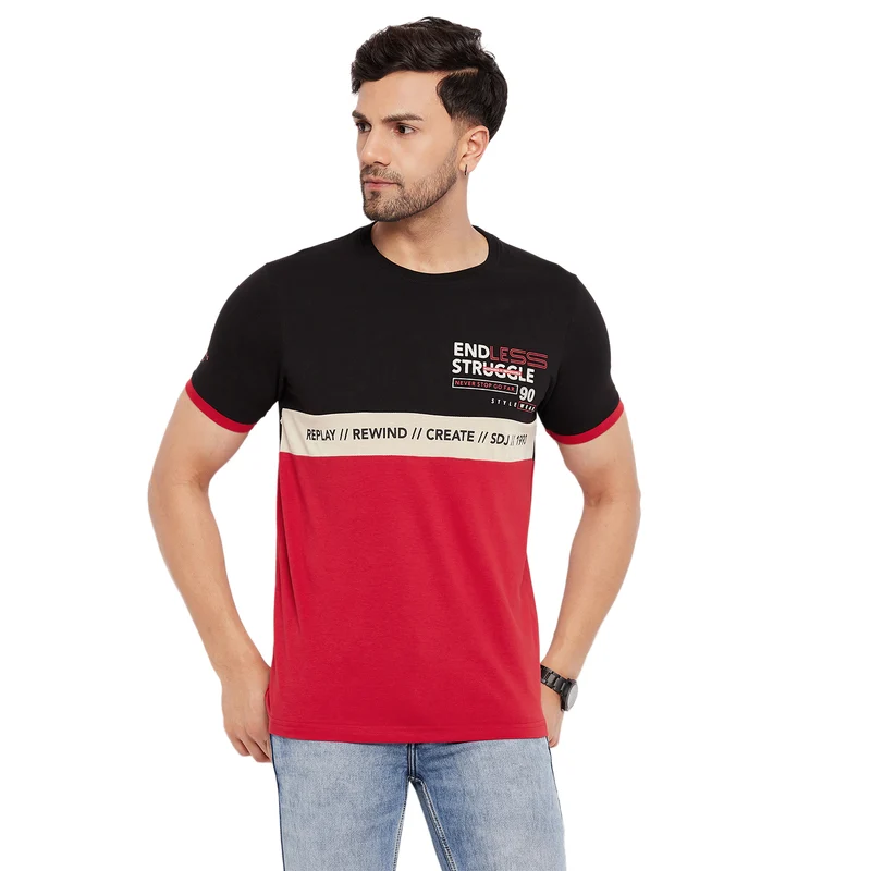 Duke Stardust Men Half Sleeve Round Neck Cotton T-shirt (LF5830) Black / XL / Color Block