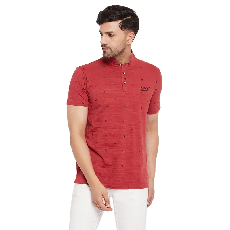 Duke Urban Men Mandarin Collar Half Sleeve Cotton T-shirt (LF5483) Rust / XXL / Printed