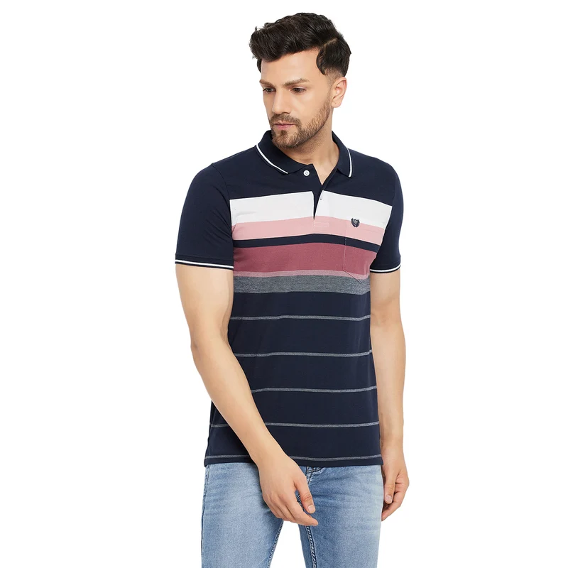 Duke Stardust Men Half Sleeve Polo Neck Cotton T-shirt (LF5804) D.Navy / XXL / Striped